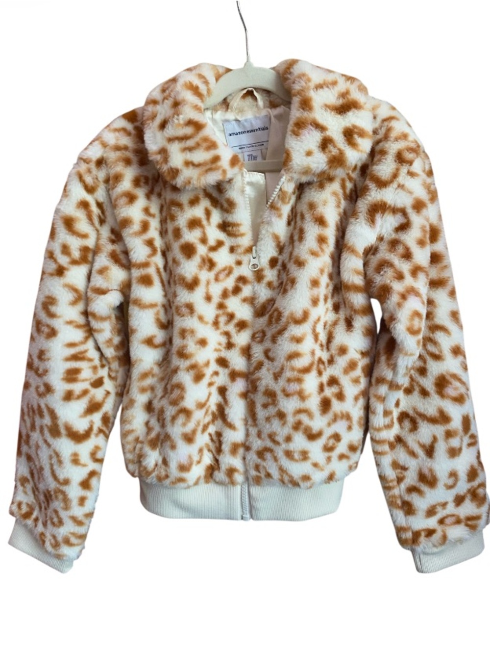 Amazon Essentials Girls' Faux Fur Leopard Print Jacket - White & Brown